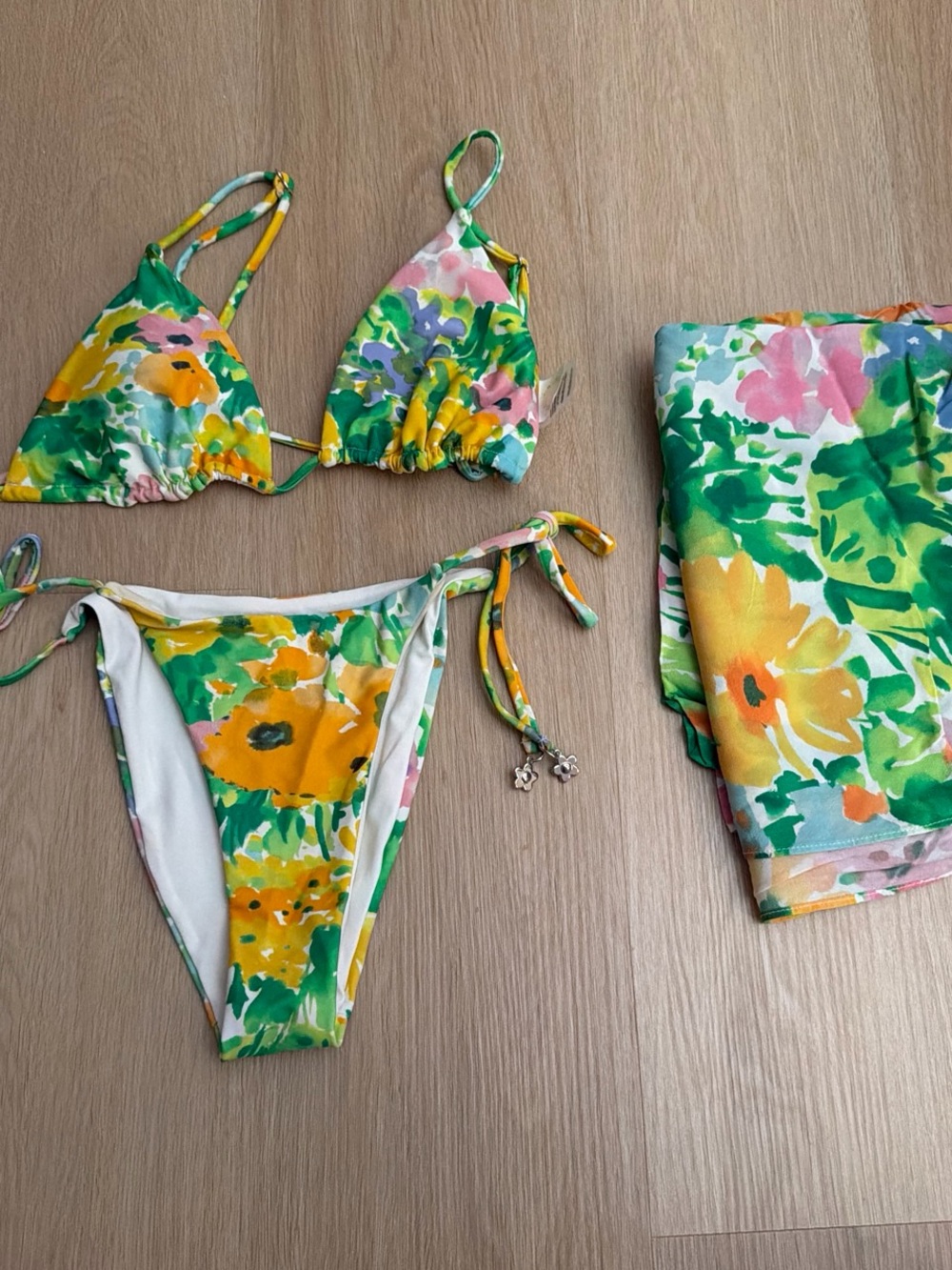 With Jean Yellow & Green Floral Tie-Side Kids Bikini Set